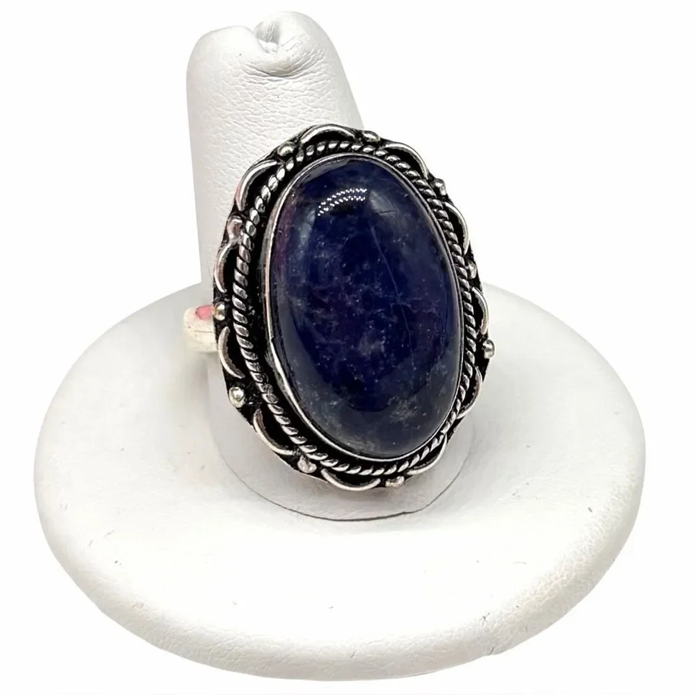 Sodalite Ring Size 10.5 925 Sterling Silver Overlay Oval Stone